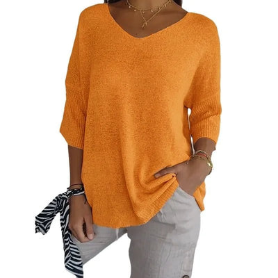 Women V Neck 3/4 Long Sleeve Solid Knitted Pullover Sweater Tops ZBWFZ - 901 - PurePaw