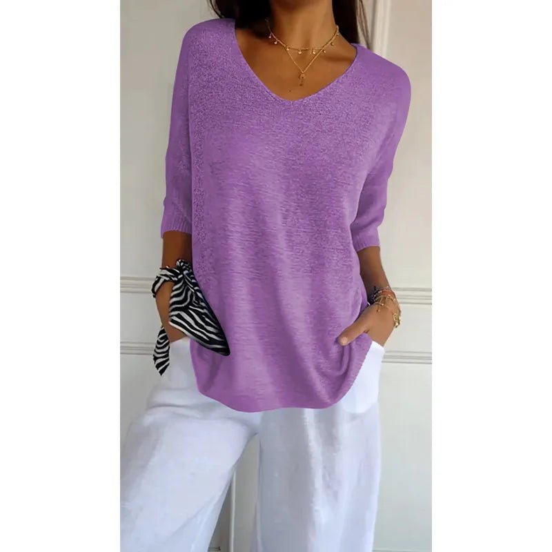 Women V Neck 3/4 Long Sleeve Solid Knitted Pullover Sweater Tops ZBWFZ - 901 - PurePaw