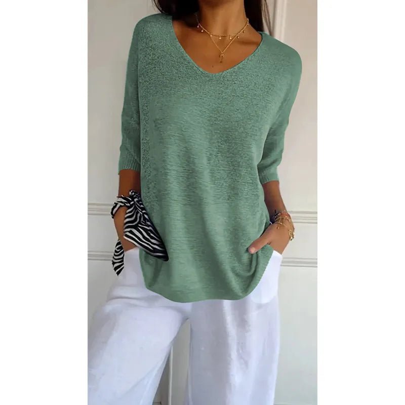 Women V Neck 3/4 Long Sleeve Solid Knitted Pullover Sweater Tops ZBWFZ - 901 - PurePaw