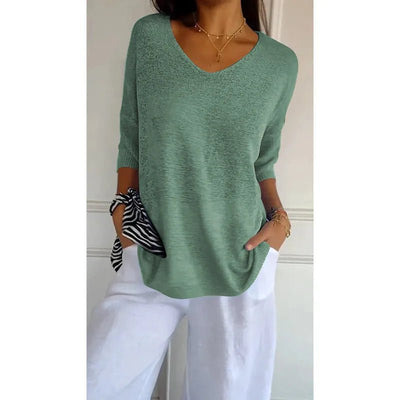 Women V Neck 3/4 Long Sleeve Solid Knitted Pullover Sweater Tops ZBWFZ - 901 - PurePaw