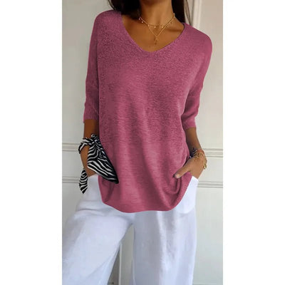 Women V Neck 3/4 Long Sleeve Solid Knitted Pullover Sweater Tops ZBWFZ - 901 - PurePaw