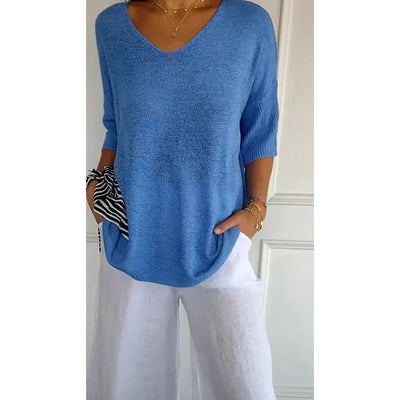 Women V Neck 3/4 Long Sleeve Solid Knitted Pullover Sweater Tops ZBWFZ - 901 - PurePaw