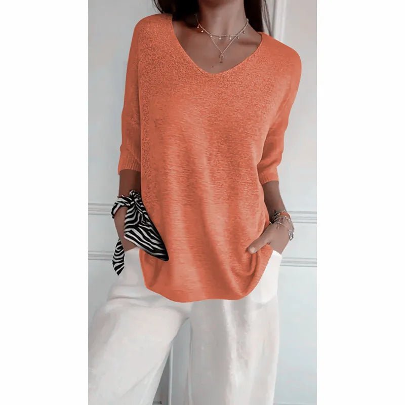 Women V Neck 3/4 Long Sleeve Solid Knitted Pullover Sweater Tops ZBWFZ - 901 - PurePaw