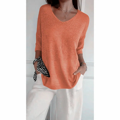 Women V Neck 3/4 Long Sleeve Solid Knitted Pullover Sweater Tops ZBWFZ - 901 - PurePaw