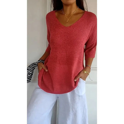 Women V Neck 3/4 Long Sleeve Solid Knitted Pullover Sweater Tops ZBWFZ - 901 - PurePaw